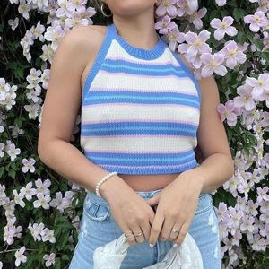 Zara Blue White Pink Crochet Halter Crop Top MWT